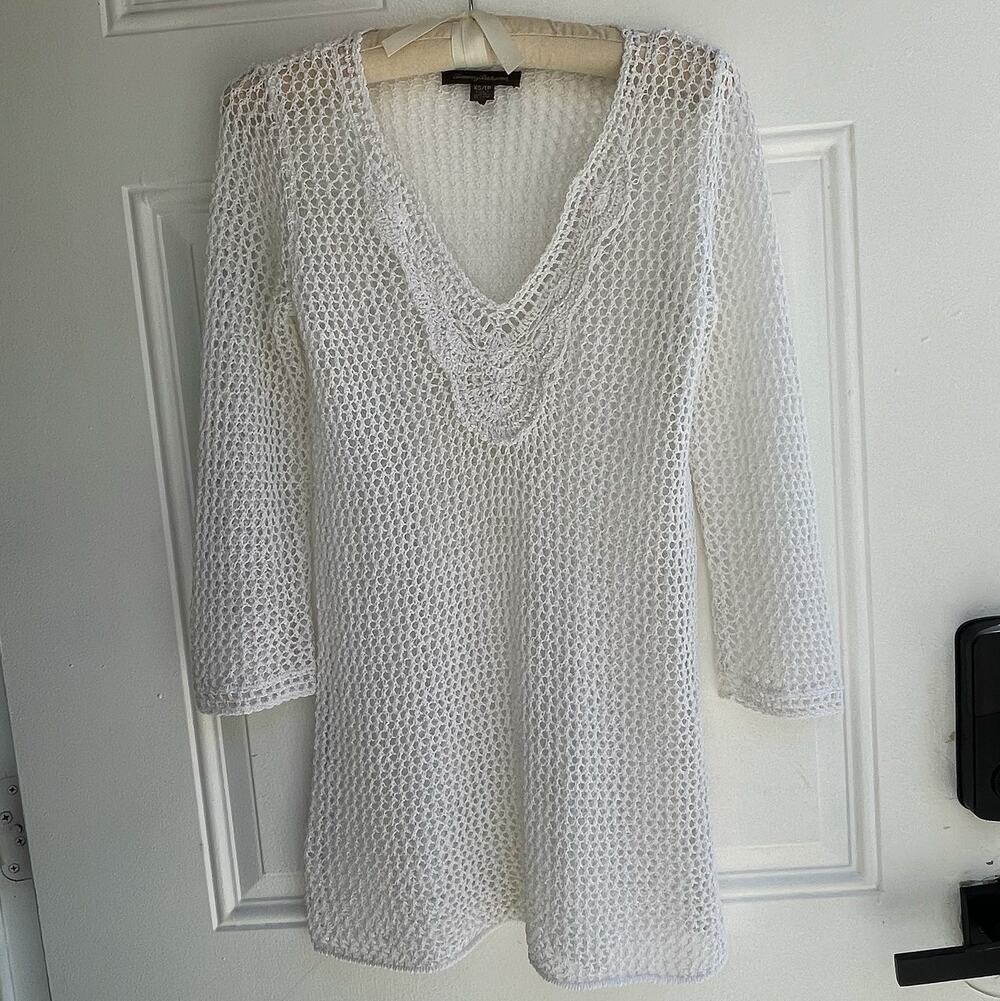 Tommy Bahama XS White Crochet Knit Beach Cover Up Tunic Beaded Boho Swim Coverup